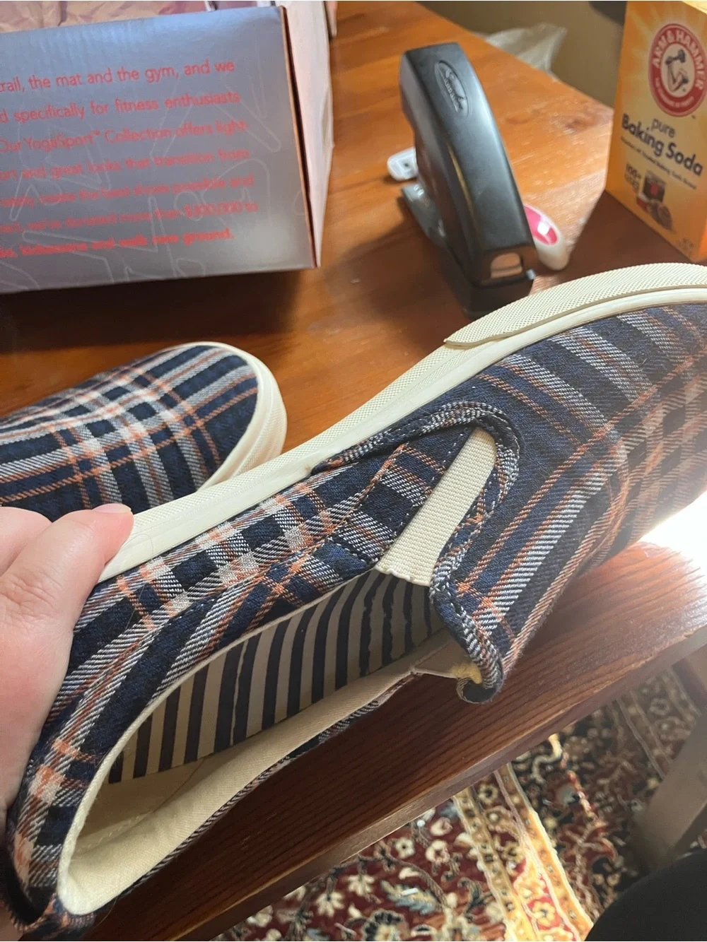 Taos Slip On Sneakers Rubber Sole Women Plaid Navy Brown Canvas Size 10